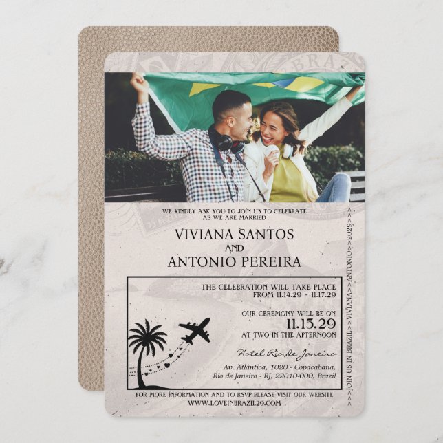 Beige Brazil Passport Wedding Invitation (Front/Back)