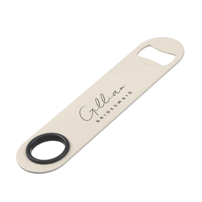Beige Bridesmaid Minimalist Script Bottle Opener Bar Key (Front Angled)