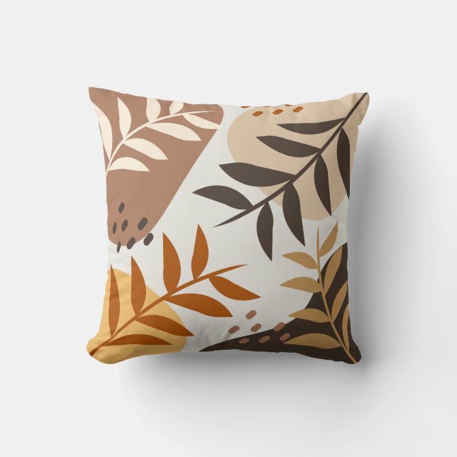 Beige Brown Abstract Leaf Throw Pillow (Front)