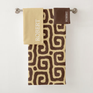  Beige &Brown Abstract Pattern Custom Name Bath Towel Set