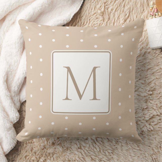 Beige Brown and White Polka Dot Monogram Throw Pillow (Blanket)