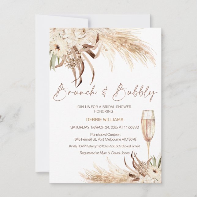Beige Brown Boho Brunch Bubbly Bridal Shower Invitation (Front)