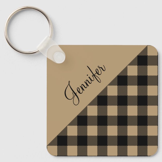 Beige Brown Buffalo Plaid Check Pattern Name Keychain (Front)