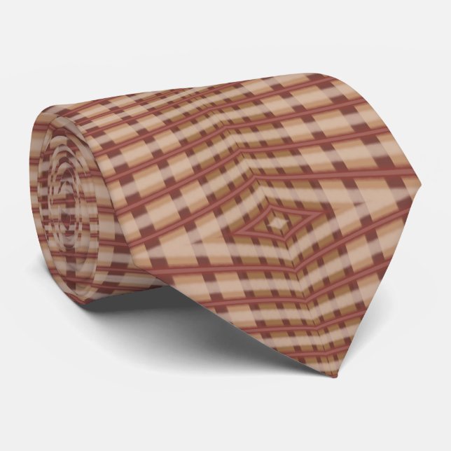 Beige Brown Crimson Plaid Crisscross Pattern Tie (Rolled)