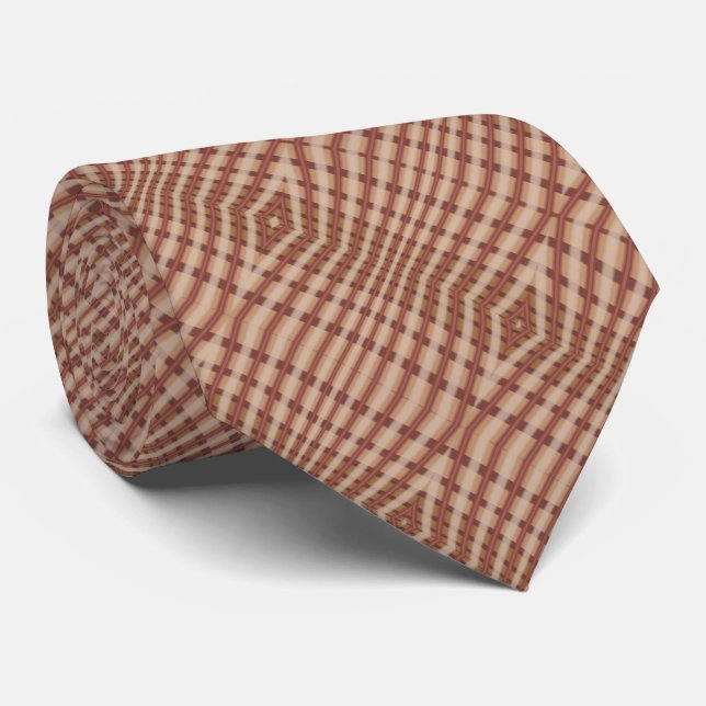 Beige Brown Crimson Plaid Crisscross Pattern Tie (Rolled)