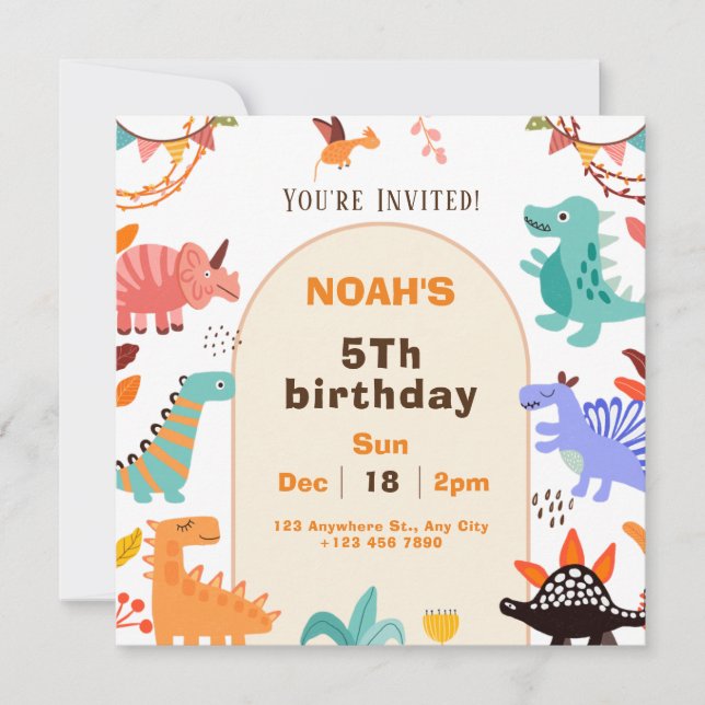 Beige Brown Cute Dinosaur Birthday Invitation Card (Front)