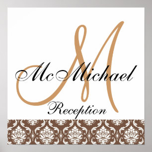 Beige Brown Damask Monogram Wedding Reception Poster
