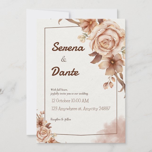 Beige & Brown Floral Wedding Invitation (Front)