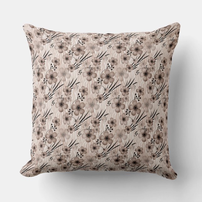 Beige brown flowers pattern on tiger background re throw pillow (Front)