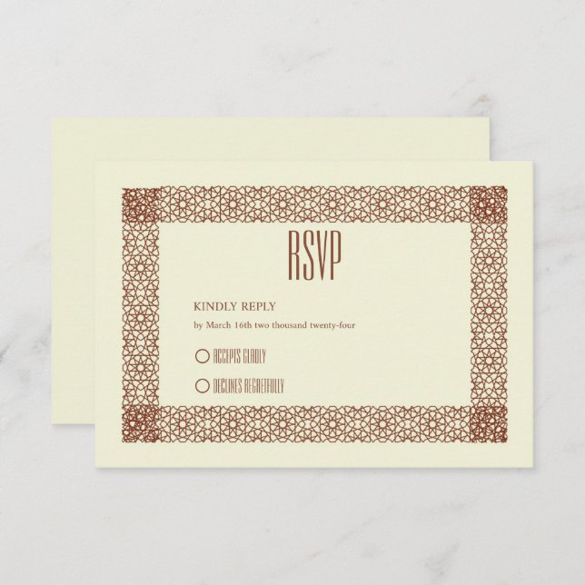 Beige Brown Islamic Geometric Two Border Wedding RSVP Card (Front/Back)