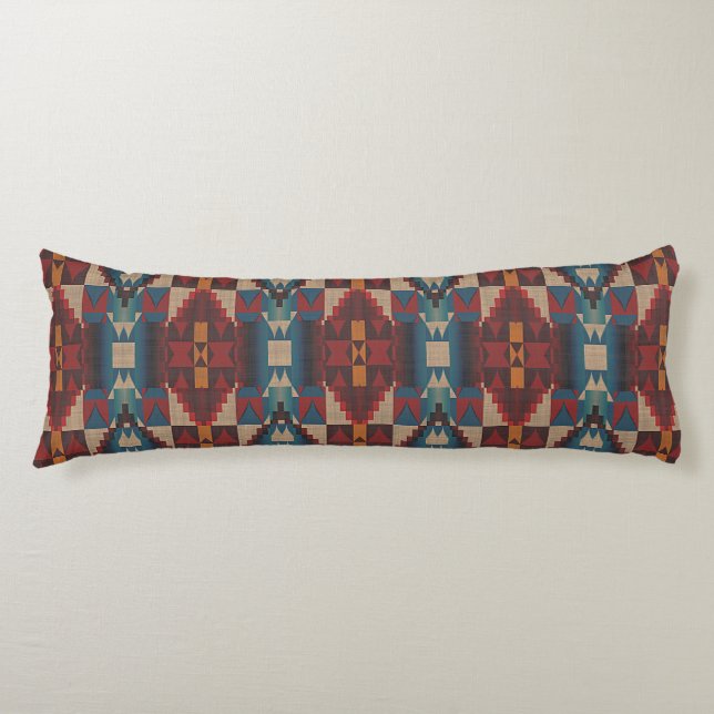 Beige Brown Maroon Red Dark Teal Blue Tribal Art Body Pillow (Front)