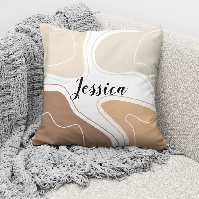Beige Brown Modern Abstract Boho Pattern Name Throw Pillow (Creator Uploaded)