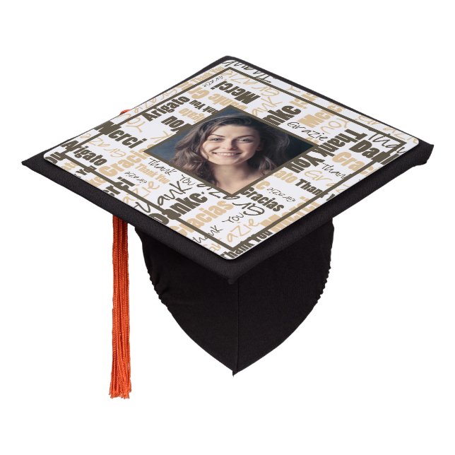 Beige Brown Multilingual Thank You Custom Photo Graduation Cap Topper (Angled)