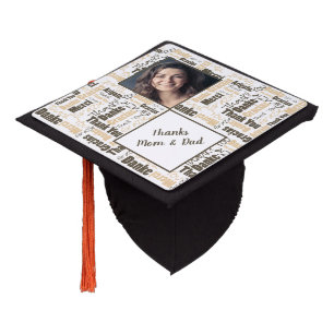 Beige Brown Multilingual Thank You Custom Photo Graduation Cap Topper