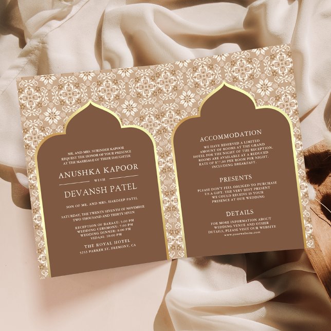 Beige Brown Pattern All in One Indian Wedding Invitation (Creator Uploaded)