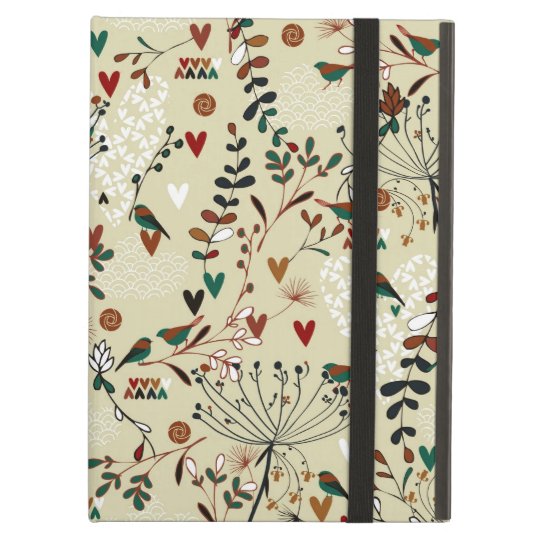 Beige & Brown Retro Flowers & Birds Pattern Cover For iPad Air