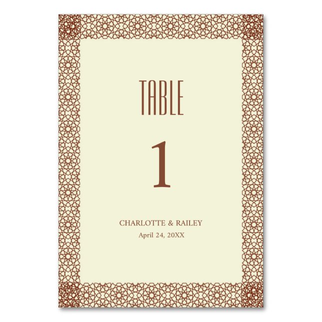 Beige Brown Rustic Islamic Geometric Single Border Table Number (Front)