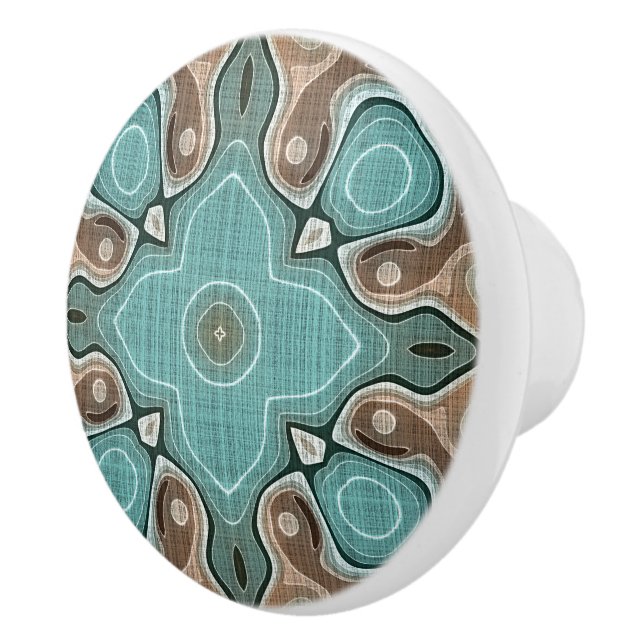 Beige Brown Seafoam Teal Green Ethnic Tribe Art Ceramic Knob (Right)