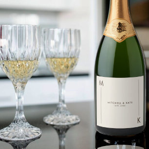 Beige Brown Simple Monogram Wedding Sparkling Wine Label
