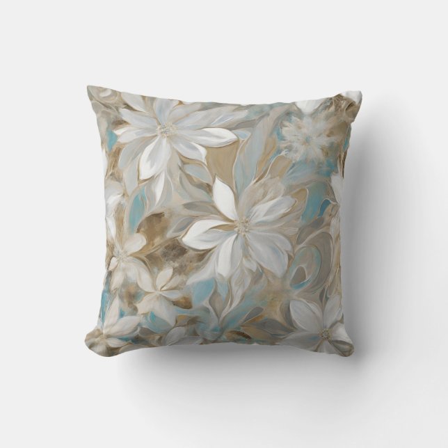 Beige Brown Teal Blue Floral Throw Pillow (Front)