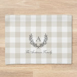 Beige Buffalo Check Laurel Wreath Family Monogram Kitchen Towel<br><div class="desc">Custom-designed farmhouse style kitchen hand towel featuring monogrammed hand-drawn laurel wreath on beige buffalo check/plaid pattern.</div>