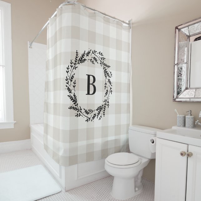 Beige Buffalo Check Monogram | Farmhouse Bathroom (In Situ)