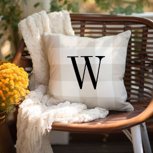 Beige Buffalo Check Monogram Modern Farmhouse Throw Pillow