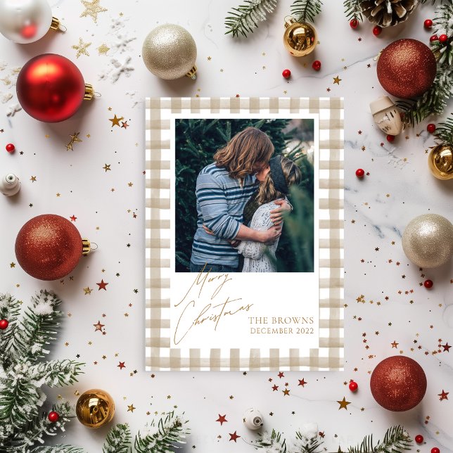 Beige Buffalo Plaid with Photo Christmas Card (Creator Uploaded)