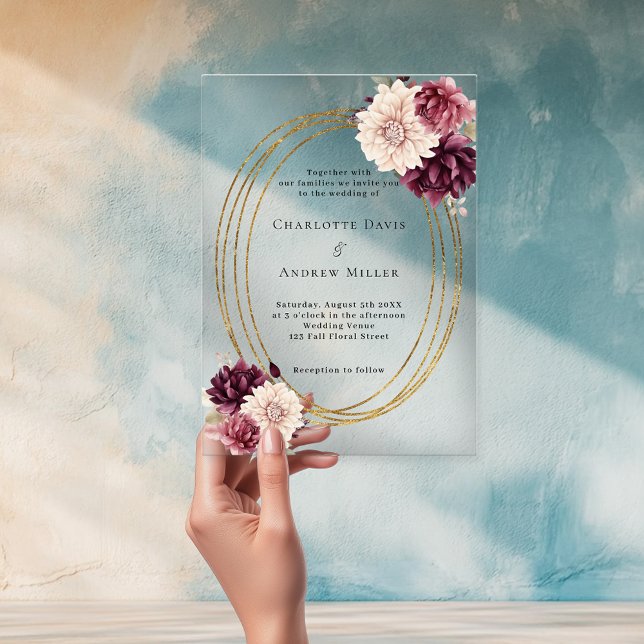 Beige burgundy ivory florals gold clear wedding acrylic invitations (Creator Uploaded)