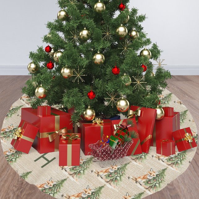Beige burlap family monogram cute fox brushed polyester tree skirt (Creator Uploaded)