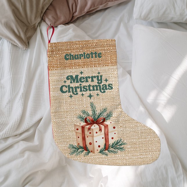 Beige burlap gift box name retro Merry Christmas Small Christmas Stocking (Creator Uploaded)