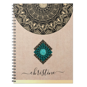 Beige Burlap Mandala Black Script Name Notebook