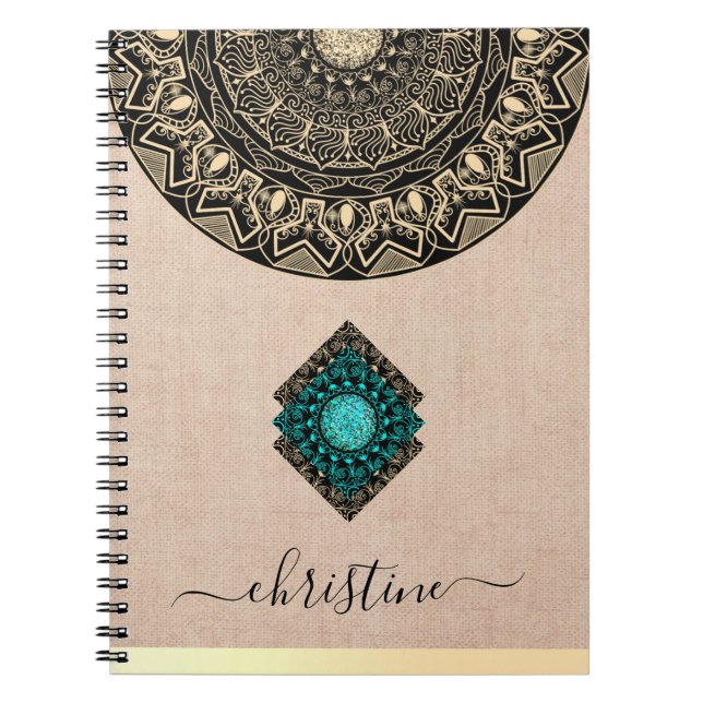 Beige Burlap Mandala Black Script Name Notebook (Front)