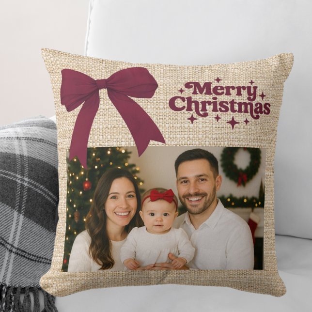 Beige burlap photo burgundy bow Christmas Throw Pillow (Creator Uploaded)