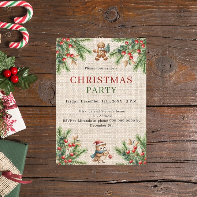 Beige burlap pine natural Christmas Party Invitation (Creator Uploaded)