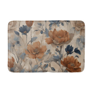 Beige Burnt Orange Dusty Navy Blue Floral Bath Mat
