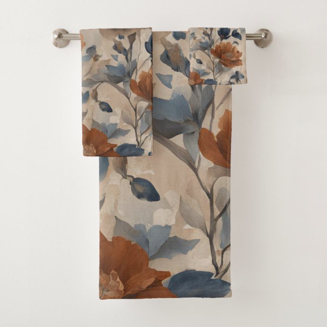 Beige Burnt Orange Dusty Navy Blue Floral Bath Towel Set (Insitu)