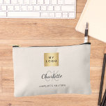 Beige business logo name monogram accessory pouch<br><div class="desc">A beige,  cream coloured background,  grey text. Personalize and add your business logo,  first name,  monogram initials and full name.</div>