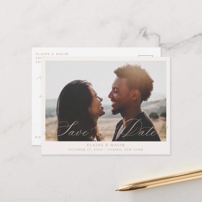 Beige Calligraphy Photo Save the Date Announcement Postcard (Front/Back In Situ)