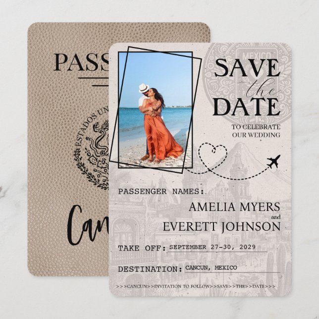 Beige Cancun Passport Save The Date (Front/Back)