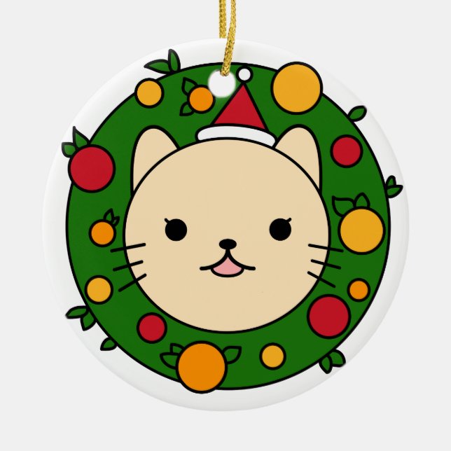 Beige Cat Christmas Wreath | Red Hat Custom Ceramic Ornament (Front)