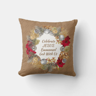 Beige CELEBRATE JESUS Christmas Wreath Throw Pillow