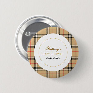 Beige Check Designer Plaid Baby Shower 2 Inch Round Button