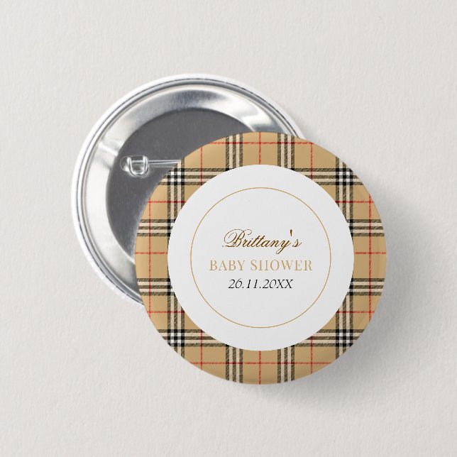 Beige Check Designer Plaid Baby Shower  2 Inch Round Button (Front & Back)