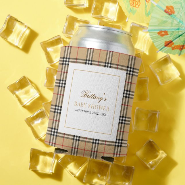 Beige Check Designer Plaid Baby Shower  Can Cooler (In Situ Summer)