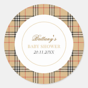 Beige Check Designer Plaid Baby Shower Classic Round Sticker