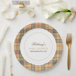 Beige Check Plaid Baby Shower  Paper Plate