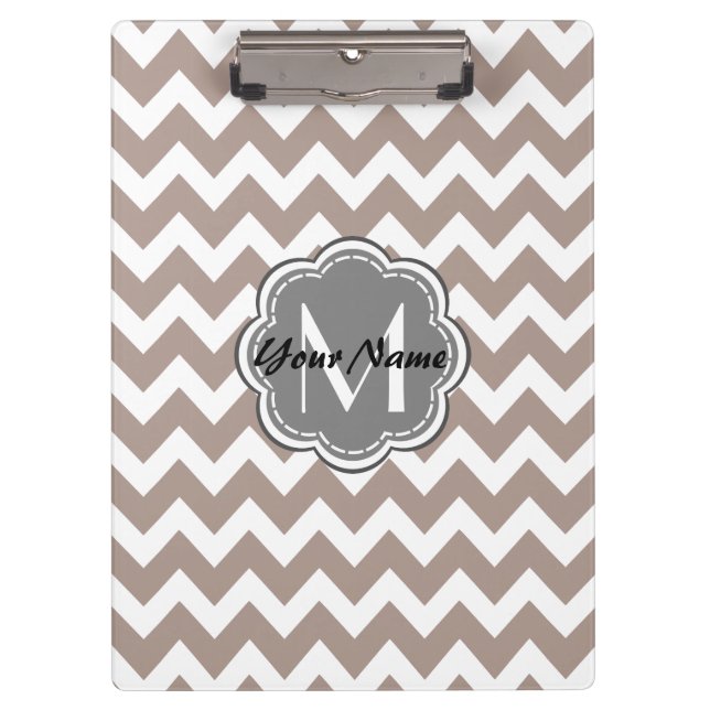 Beige Chevron, Grey Monogram, Personalized Name Clipboard (Front)