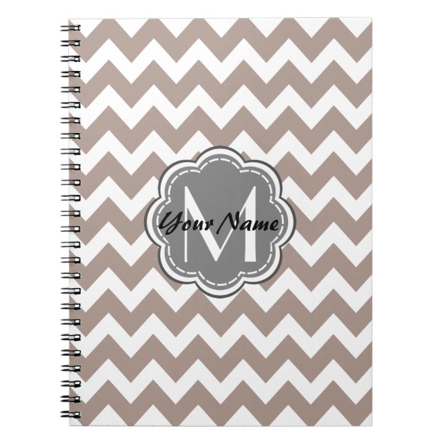 Beige Chevron, Grey Monogram, Personalized Name Notebook (Front)