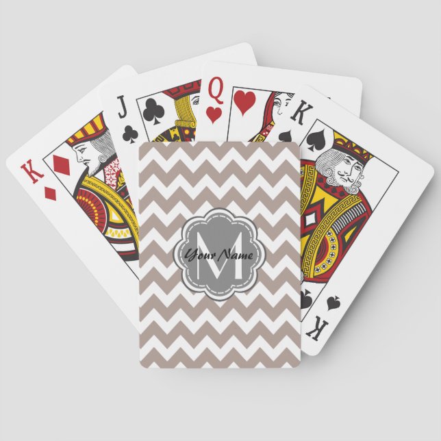 Beige Chevron, Grey Monogram, Personalized Name Playing Cards (Back)